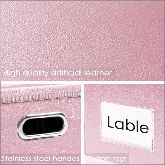PRANDOM Collapsible Storage Bins with Lids [3-Pack] Leather Fabric Foldable Storage Boxes Organizer Containers Baskets Cube with Cover for Bedroom Closet Office Nursery Pink (14.9x10.8x10)