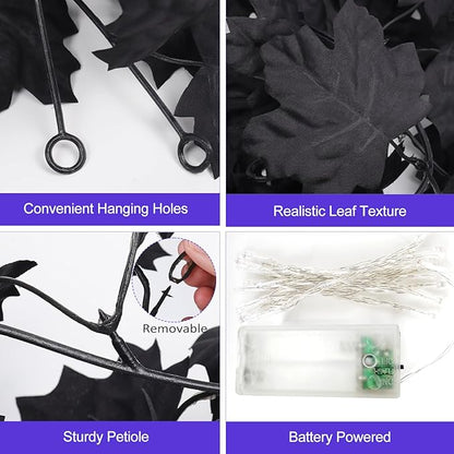 Joyhalo 2 Pack Halloween Garland with Lights, Black Maple Leaves Lighted Garland for Mantle, 5.7FT Light Up Leaf Autumn Vines Outdoor for Door Frame, Fireplace and Thanksgiving Fall Decor