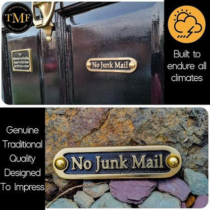 No Junk Mail Metal Brass Door Sign. Traditional Style Home Décor Wall Plaque Handmade By The Metal Foundry UK.