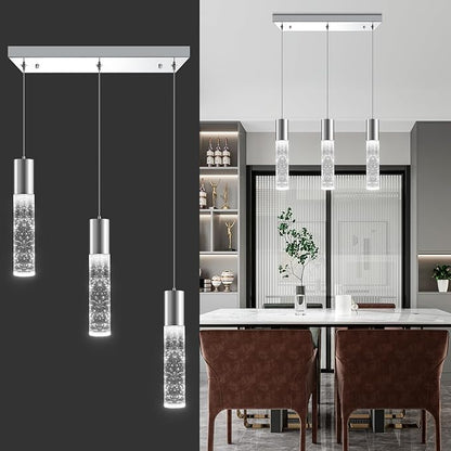 OKELI 3-Light Dimmable LED Pendant Lighting for Kitchen Island, 18W 1350LM Modern Crystal Bubble Island Light Fixture, 6000K Cool White, Adjustable Electro-Chrome Fixture, Easy Install, Square