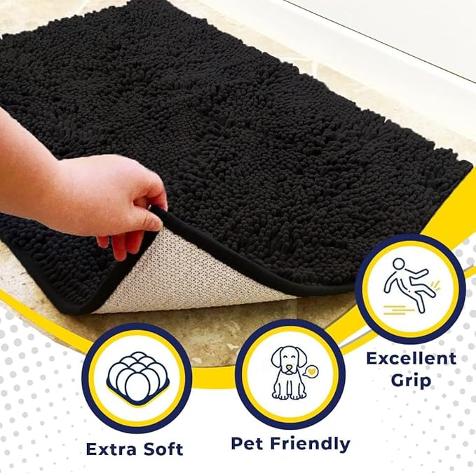 Muddy Mat® 4-Piece Black Medium 30"X19" AS-SEEN-ON-TV Highly Absorbent Microfiber Door Mat, Bath Mat and Pet Rug, Non Slip Thick Washable, Soft Chenille for Kitchen Bathroom Bedroom Indoor and Outdoor