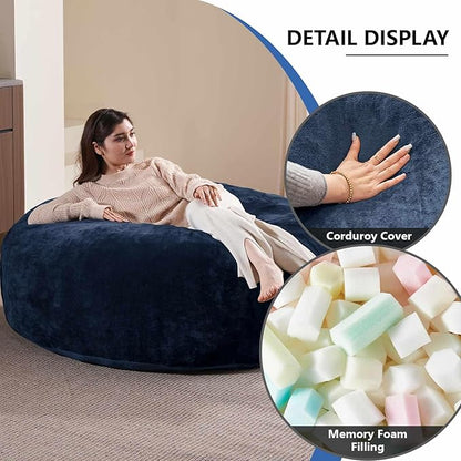 5FT，Big Bean Bag Chairs for Adults，Large beanbag with Filler Included，Memory Foam Material，Easy to Clean and Washable Corduroy Fabric，Suitable for Living Room and Bedroom (Blue, 5 Foot)