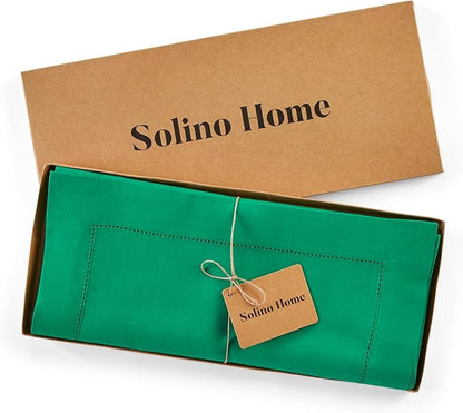 Solino Home Linen Table Runner 90 Inches Long - 100% Pure Linen Emerald Green Table Runner 14 x 90 Inch - Classic Hemstitch