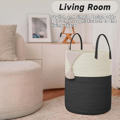 Large Woven Laundry Basket Hamper,60L Cotton Rope Storage Bin for Blankets,Toys and Clothes,Decorative Tall Nursery Hamper for Living Room,Baby Nursery,Bathroom and Bedroom,White and Black