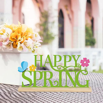 COCHIE Metal Happy Spring Sign, Spring Decorations for Home, Office, Shelf, Mantel, Indoor, Spring Flower Decor, Spring Butterfly Table Top Party Decoration (Spring)