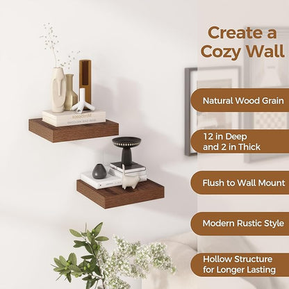 Fun Memories 12 Inch Floating Shelf, Rustic Wood Wall Shelves for Wall Decor & Storage, 12 x 12 Floating Shelf for Living Room, Bathroom, Bedroom, Walnut, Set of 2