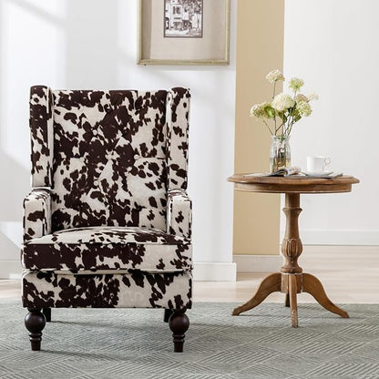 Mid-Century Accent Chair, Upholstered Arm Chair Linen Fabric Side Chair with High Back Solid Wooden Legs, Comfy Reading Chair for Living Room Bedroom, Milk Cow