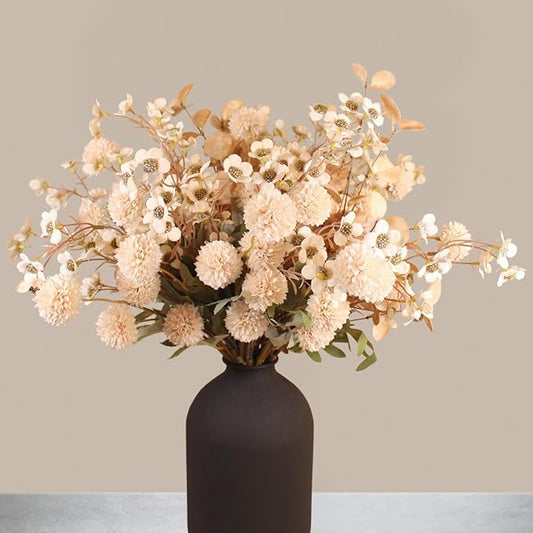 Beige Silk Flower Arrangements For Home Decor, Large Floral Centerpieces For Tables, Fake Mums + Eucalyptus + Wild Flowers in Bulk, Long Stem Artificial Flowers Coffee Dining Table, Faux Mums Flowers