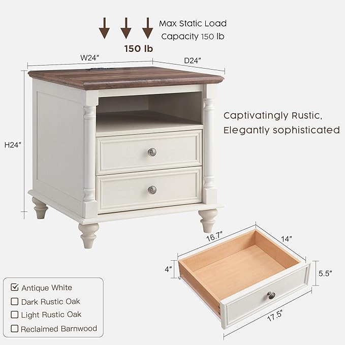 T4TREAM 24'' Farmhouse End Table w/4 Solid Wood Feet, Large 2 Drawers Wide Sofa Side Table with Charging Station, Tall Rustic Wood Square Nightstand for Living Room, Bedroom, Office, Antique White