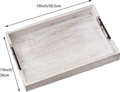 Ottoman Tray Large Serving Trays Farmhouse Decor Wooden Coffee Table Platter with Handles White Tray for Bed Kitchen Living Room 19 * 14Inch