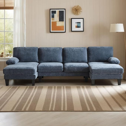 Karl home U-Shape Sectional Sofa Couch 111" Modern 4-Seat Sofa with Chaises Chenille Fabric Upholstered Covertible Couch with Wood Grain Legs for Living Room, Reception Room, Apartment, Navy Blue