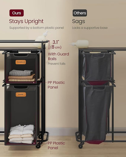 VASAGLE Laundry Sorter, Laundry Hamper with Wheels, 39.6 Gal. (150 L) Portable Rolling Cart Baskets with Shelf, 4 Removable Liners and 6 Labels, Ink Black and Chestnut Brown URLS100B01