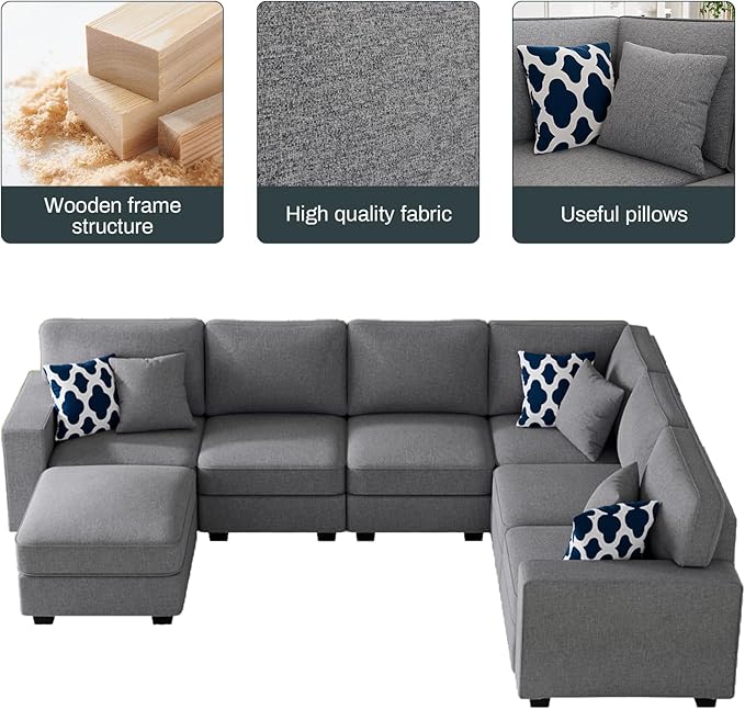 L Lengend Vansen Modular Sectional Sofa U Shaped Couch with Ottoman Modern Reversible Corner Sectional Couch for Living Room (Dark Grey, U Shaped Sofa-2)