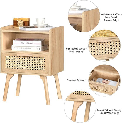 Lerliuo Rattan Nightstands Set of 2, Boho Side Table with Drawer Open Shelf, Cane Accent Bedside End Table with Solid Wood Legs for Bedroom, Dorm and Small Spaces (Natural)