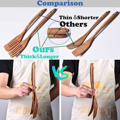 Gudamaye 13 inch Long Wooden Spoons for Cooking,Wooden Utensils for Cooking with Utensils Holder,9 PCES Wooden Kitchen Utensils Set with Utensils Holder and Spoon Rest,Natural Teak Wooden Spoons Set