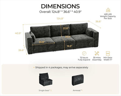 124.8'' Oversized Modular Sofa Comfy Cloud Couch with Storage, Extra Wide Sectional Sofa for Living Room, Covers Washable, 3-Seater, Chenille, Black