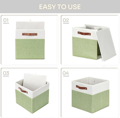 HNZIGE Fabric Cube Storage Bins 13x13 Set of 4 Canvas Storage Baskets for Shelves Collapsible Storage Bins for Organizing Clothes Closet Toy Nursery Cubby(Green&White)