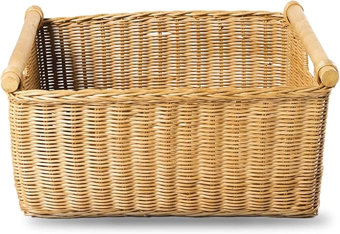 The Basket Lady Pole Handle Wicker Storage Basket, Extra Large, 20 in L x 16 in W x 10 in H, Sandstone