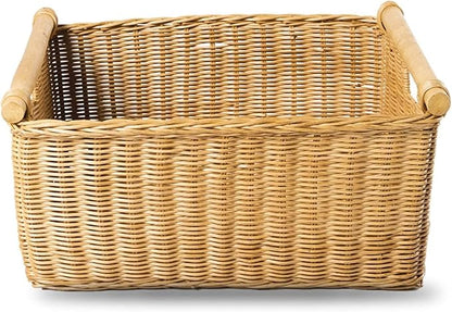 The Basket Lady Pole Handle Wicker Storage Basket, Extra Large, 20 in L x 16 in W x 10 in H, Sandstone