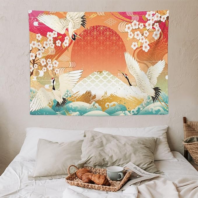 HZOHNAGO Japanese Tapestry Cherry Blossom Crane Sea Wave Fuji Mountain Red Sun Pattern Printed Wall Tapestry Painting Wall Hanging for Bedroom Living Room Dorm 40" W x 30" H