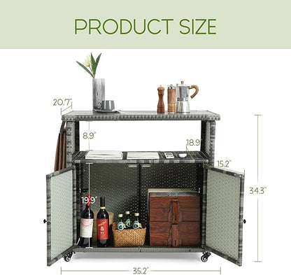 Wicker Outdoor Bar Cart - Gray Gradient Patio Console Storage Table Buffet Cabinet Serving Kitchen Cart with Wheels for Outside Backyard
