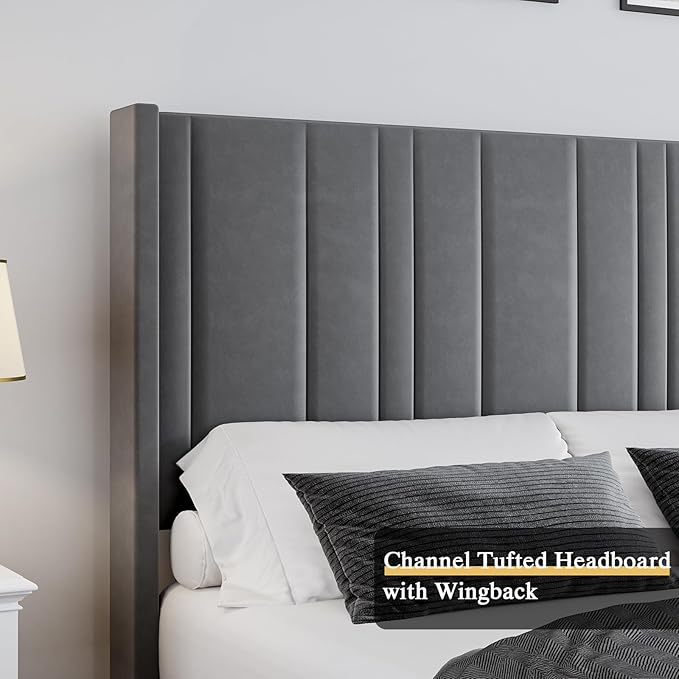 King Size Bed Frame and Headboard, Modern Velvet Upholstered Bed Frame with Vertical Channel Tufted Headboard & Footboard, Soft Bed Frame King, Noise Free, No Box Spring Needed, Easy Assembly, Grey
