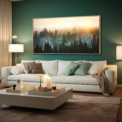 Living Room Wall Art Sunrise Misty Forest 24"x48" Modern Home Wall Decor Plants Wall Decorations Framed Artwork for Bedroom Dining Room Office Hotel