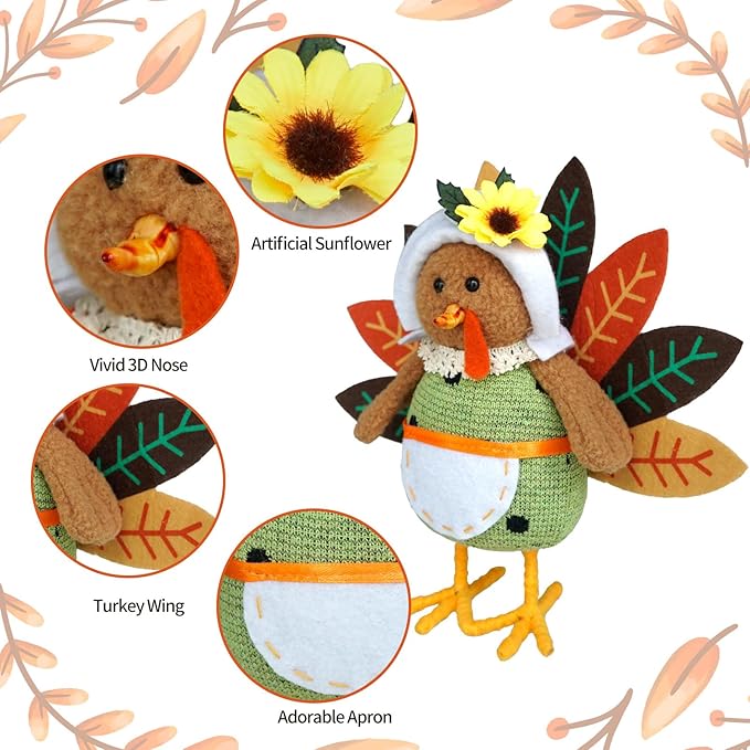 CRCZK Thanksgiving Turkey Decoration Fall Harvest Tabletop Decor Standing turkey with Dangling Legs, 2 Pack Plush Stuffed Turkeys Shelf Figurine Gift for Autumn Fall Harvest Halloween Home Decorations