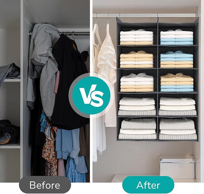 Dual-Row 6 Tier Shelf Hanging Closet Organizer and Storage, 12 Pockets Clothes Storage Shelves with 3 Sturdy Hooks for Clothing Organization, Dorm Room Essentials for Girls, Foldable, Grey