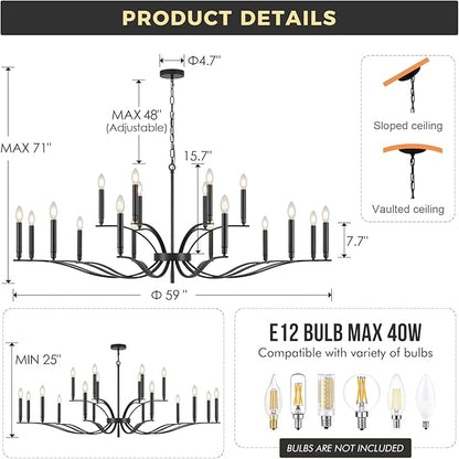 Black Living Room Chandelier 18 Light Hight Ceiling Foyer Candle Chandelier Large Dining Room Light Fixture Over Table 59in Metal Modern Chandeliers Hanging Light for Entry Master Bedroom