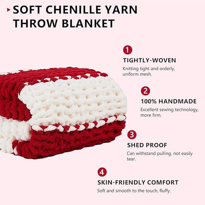 L'AGRATY Chunky Knit Blanket Throw: 72''x84'' Chenille Chunky Knitted Throw Blanket for Bed Couch - Handmade Thick Big Cable Knit Blanket - Large Chunky Crochet Blanket for Home Decor(Red White)