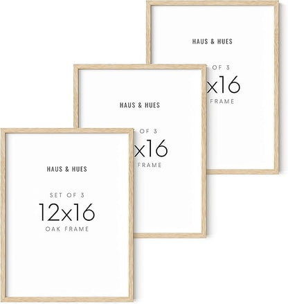 HAUS AND HUES Beige Wood Oak 12x16 Picture Frame, Set of 3 - Modern Wood Wall Art Display - Lightweight 12x16 Frame Set of 3 for Art Prints, Photos, Posters - Ready-to-Hang Vertically & Horizontally