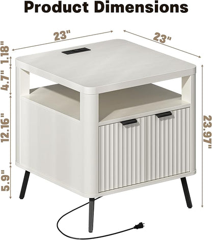 Nightstand with Charging Station, 24" End Table Side Table with Open Shelf, Modern Large Wood Fluted Bedside Cabinet for Bedroom, Living Room, White