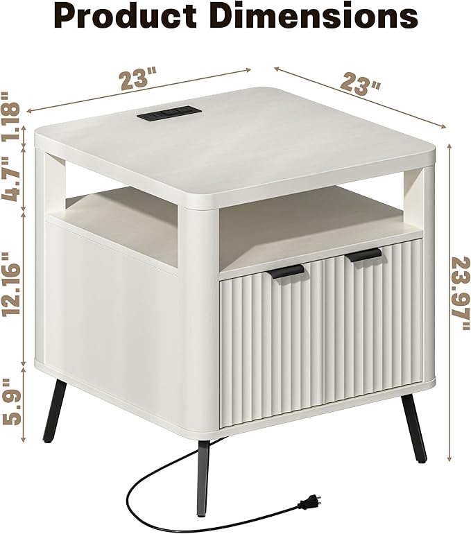 Nightstand Set of 2 with Charging Station, 24" End Table Side Table with Open Shelf, Modern Large Wood Fluted Bedside Cabinet for Bedroom, Living Room, White