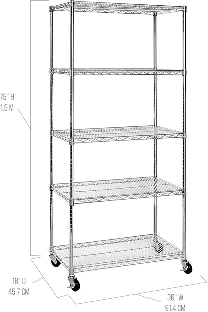 Seville Classics UltraDurable Heavy Duty NSF Solid Steel Wire Rack Storage Unit, Organizer for Garage, Warehouse, Office, Restaurant, Classroom, Kitchen, Steel, 5-Tier Shelving, 36" W x 18" D