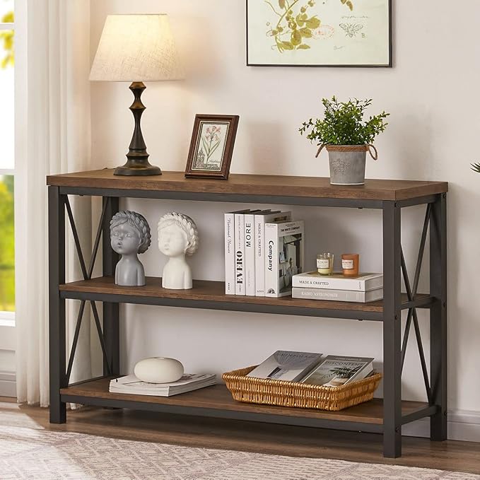 BON AUGURE Rustic Entryway Table, Farmhouse Hallway Table, Console Tables for Entryway, 3 Tier Sofa Tables for Living Room, Industrial Entry Table (47 Inch, Rustic Oak)