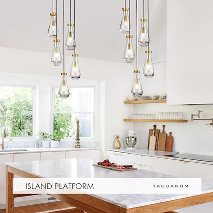 5-Light Raindrop Pendant Light Fixtures, Brass Glass Pendant Lighting, Teardrops Modern Hanging Light for Entryway Foyer Kitchen Island Dining Living Room Hallway