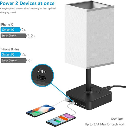 Bedside Table Lamp with Touch Control & USB C+A Charging Ports LED Desk Lamp with 2 AC Outlets, Minimalist Nightstand Light with Black Fabric Shade for Bedroom, Living Room, Office, White