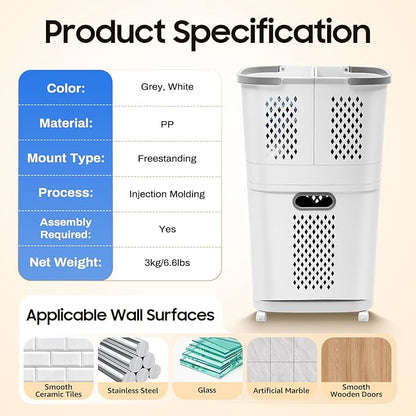 Movable Household Laundry Basket,2 Tier Laundry Hamper Basket Sorter with Wheels&Handle,Large Hand-Held Laundry Basket Clothes Storage Organizer for Bathrooms Bedrooms