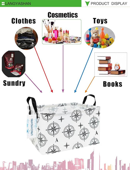 LANGYASHAN Rectangular Storage Bin Collapse Canvas Fabric Cartoon Storage Basket with Handles for Organizing Home Kitchen Boys and Girls Toys Office Closet Shelf Baskets (Rec Black Compass)