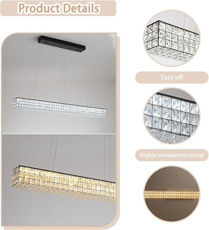 Rectangle Crystal Chandelier Modern Crystal Chandelier Black Rectangular Pendant Lighting Fixture for Dining Room Kitchen Island Bedroom (L 40")
