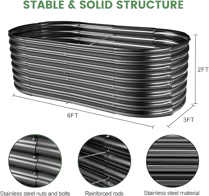 Land Guard Galvanized Planter Raised Beds, 6×3×2ft Galvanized Water Trough, Keyhole Raised Garden Bed Metal (Dark Gray)
