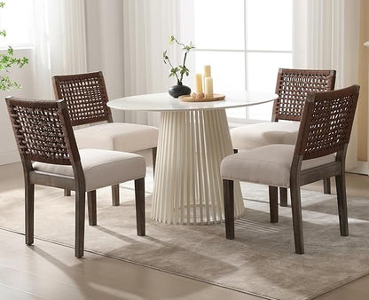 Kmax Farmhouse Dining Chairs Set of 2, Rustic Kitchen Chairs with Linen Fabric Seat and Woven Back, Vintage Accent Chairs for Dining Room, Living Room, Beige