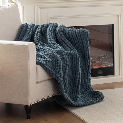 Chunky Knit Blanket Throw, 100% Hand Knit Throw Blanket Handmade Chenille Cable Knit Throw for Couch, Stylish Cozy Soft Rope Knot Crochet Blanket for Home Decor, Blue Mirage, 60x80 Inches