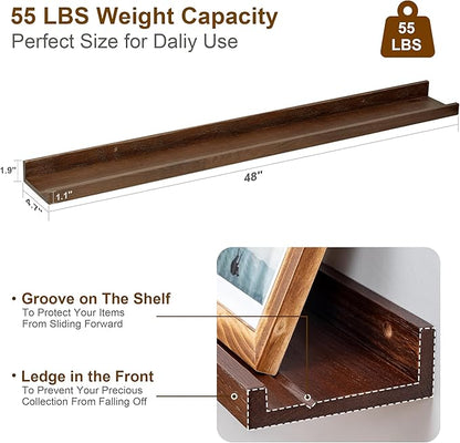 Floating Picture Ledge Shelves 48 Inch Solid Oak Wood Set of 2, Rustic Wall Storage Shelves with Lip, Kids Bookshelf, Photo & Picture Ledge Shelves for Bedroom, Living Room, Kitchen