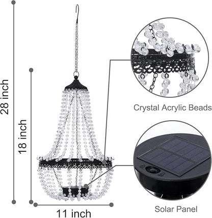 Hanging Solar Chandelier Outdoor, 30 Cool White Lights Acrylic Clear Beaded Chandelier with S Hooks Modern Lantern for Garden Yard Patio Gazebo Decorations, 28”H