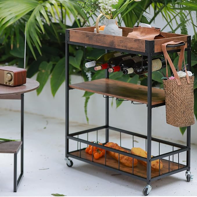 Bar Cart Serving Wine 3 Tier Home Rolling Rack with Wheels Mobile Kitchen Industrial Vintage Style Wood Metal Serving Trolley Serving Cart,Glass Holder Bar Cabinet