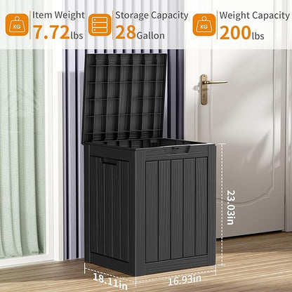 28 Gallon Deck Box Large Outdoor Storage for Patio Furniture,Outdoor Cushions,Garden Tools and Pool Supplies,Waterproof,Resin,Lockable(Black)