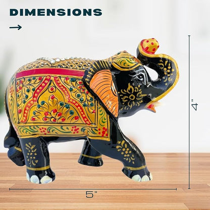 Handcrafted Wooden Elephant Figurine – Traditional Artwork, Gold & Gemstone Embellishments – Lucky Decorative Elephant Statue for Prosperity | Beautiful Elefantes Decorativos para Sala (Black & Gold)