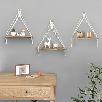 Mkono Macrame Hanging Shelves Boho Wall Decor Set of 3 Rustic Wood Floating Storage Shelf for Bedroom Bathroom Living Room Nursery Dorm Room, Display Shelving for Hanging Plants Photos